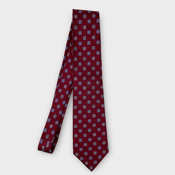 $135 David Donahue Mens Red Blue Medallion Italian Silk Handmade Tie 60L x 3.5 - Picture 5 of 12
